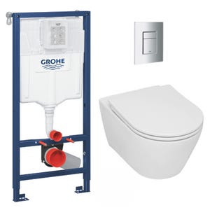 Grohe Pack WC Bâti-support Rapid SL + WC sans bride Serel SP26, fixations invisibles + abattant softclose + Plaque Chrome