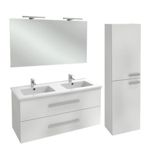 Meuble double vasque JACOB DELAFON Ola Up + colonne de salle de bain + miroir et spots | Blanc brillant