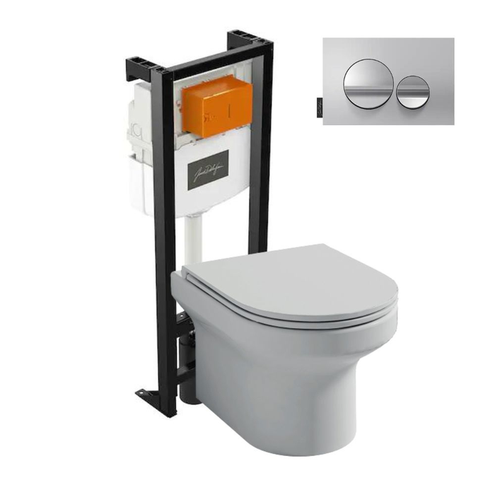 Pack WC suspendu sans bride JACOB DELAFON Elite + bâti-support + plaque Chrome brillant/Chrome mat
