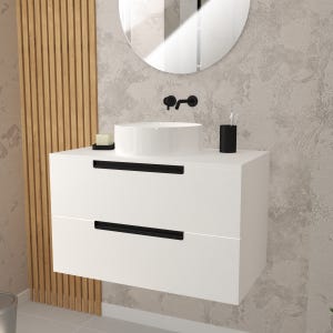 Meuble salle de bains 80 cm Blanc Laqué à suspendre - 2 tiroirs - Vasque Blanche Ø36 cm