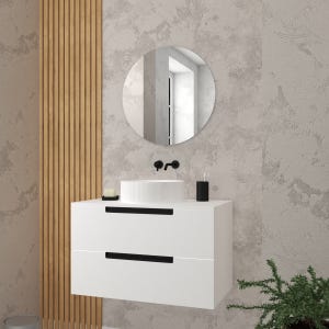 Meuble salle de bains 80cm Blanc Laqué 2 tiroirs - Vasque Blanche Ø36cm et Miroir Rond Ø60cm