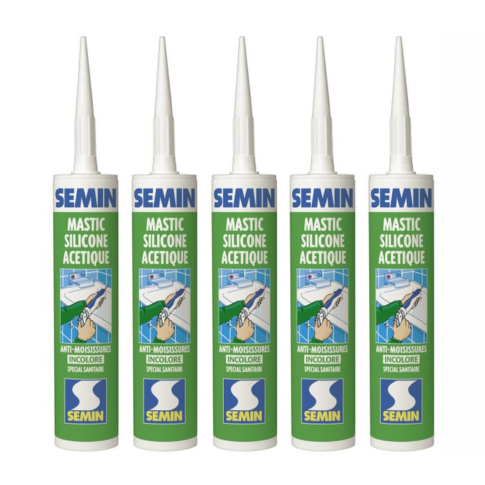 Lot de 5 silicones acétique sanitaire incolore pour les joints d'étanchéité anti moisissures Semin - intérieur - cartouche de 310 ml