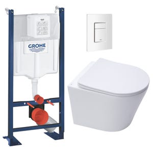Grohe Pack WC Bâti autoportant + WC sans bride SAT + Abattant frein de chute + Plaque Blanc Alpin (ProjectInfinitio-4)