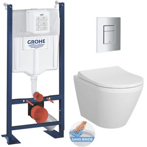 Grohe Pack WC Bâti Autoportant Rapid SL + WC sans bride Integra + Abattant softclose + Plaque chrome (ProjectIntegraRimless-1)