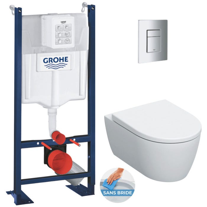 Grohe Pack WC Bâti-support Rapid SL autoportant + WC sans bride Geberit, fixations invisibles + abattant softclose + Plaque Chrome