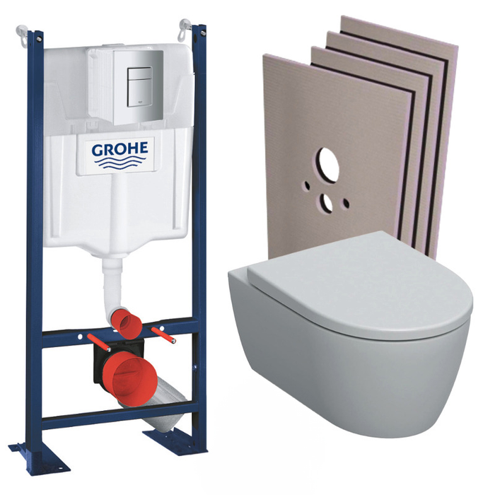 Grohe Pack WC Bâti-support Rapid SL autoportant + WC sans bride Geberit + abattant softclose + Plaque Chrome + Set habillage