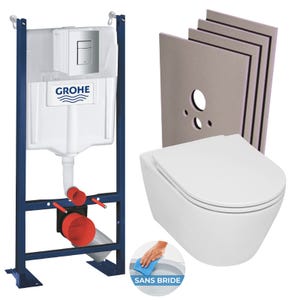 Grohe Pack WC Bâti-support Rapid SL autoportant + WC sans bride Serel + abattant softclose + Plaque Chrome + Set habillage