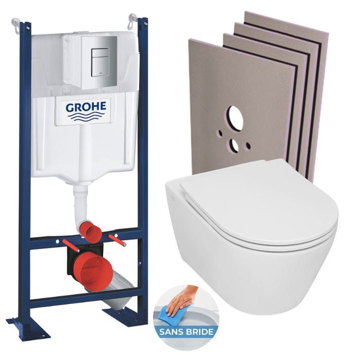 Grohe Pack WC Bâti-support Rapid SL autoportant + WC sans bride Serel + abattant softclose + Plaque Chrome + Set habillage