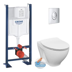 Grohe Pack WC Bâti autoportant Rapid SL + WC sans bride Cersanit + Abattant softclose + Plaque chrome (ProjectDormo-2)