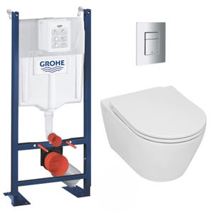 Grohe Pack WC Bâti-support Rapid SL autoportant + WC sans bride Serel, fixations invisibles + abattant softclose + Plaque Chrome