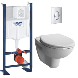 Grohe Pack WC Bâti-autoportant Rapid SL + WC suspendu Vitra Normus + Abattant softclose + Plaque chrome (ProjectNormus-2)