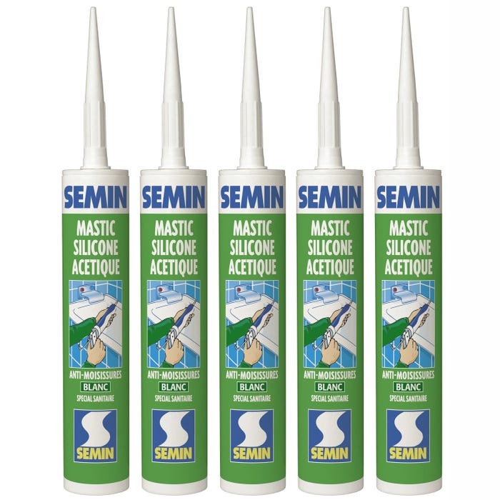 Lot de 5 silicones acétique sanitaire blanc pour les joints d'étanchéité anti moisissures Semin - intérieur - cartouche de 310 ml
