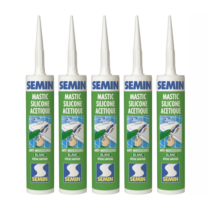 Lot de 5 silicones acétique sanitaire blanc pour les joints d'étanchéité anti moisissures Semin - intérieur - cartouche de 310 ml