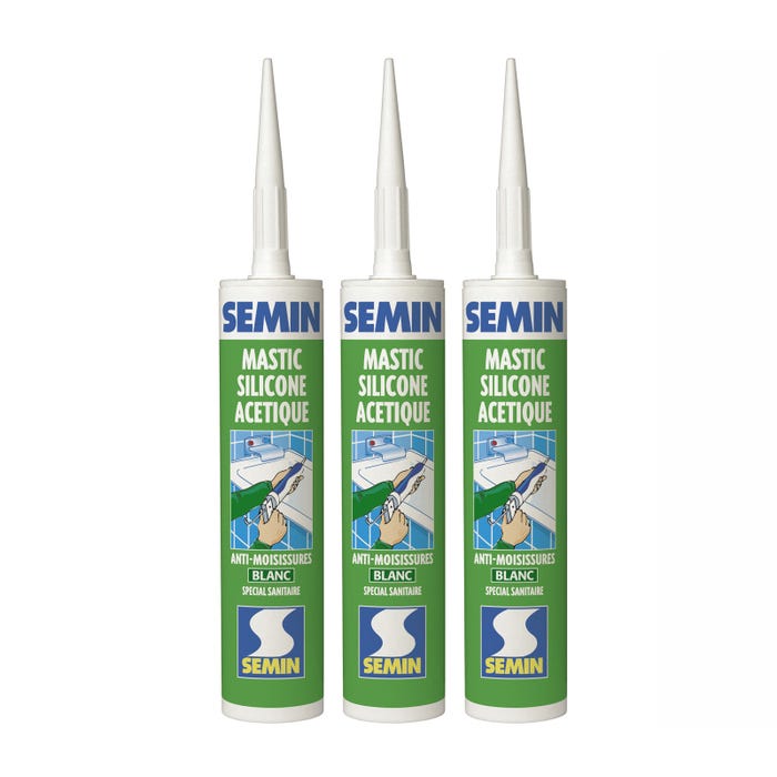 Lot de 3 silicones acétique sanitaire blanc pour les joints d'étanchéité anti moisissures Semin - intérieur - cartouche de 310 ml