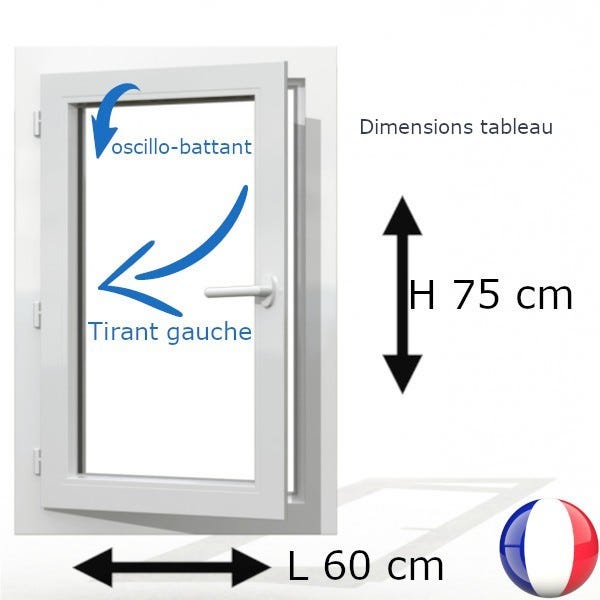 Fenêtre PVC 1 vantail H 75 x L 60 cm OB avec poignée tirant gauche