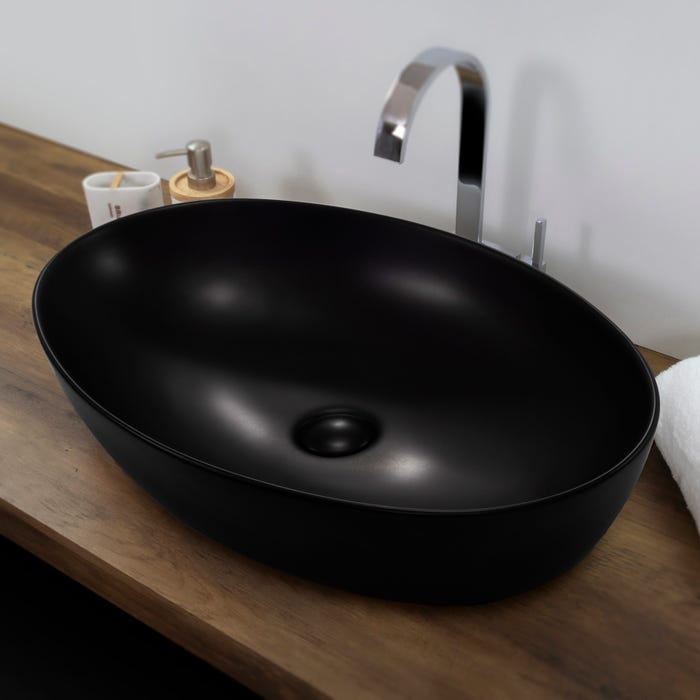 RAVELLO Vasque céramique ovale à poser 61 x 41 cm noir brillant