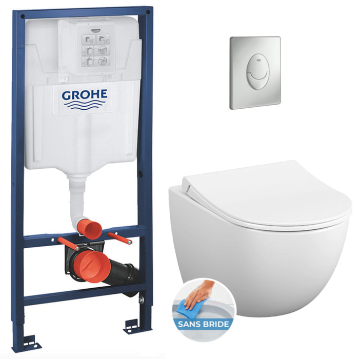 Grohe Pack WC Bâti-support Rapid SL + WC sans bride Vitra Sento + Abattant softclose + Plaque Chrome mat (GROHE-Sentorimless-7)