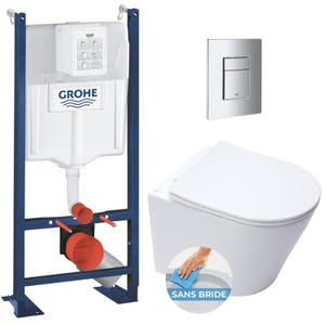 Grohe Pack WC Bâti autoportant + WC blanc mat sans bride Infinitio + Abattant frein de chute + Plaque chrome, ProjectInfinitioMat-1
