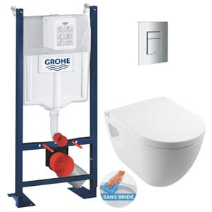 Grohe Pack WC Bâti autoportant Rapid SL + WC sans bride Serel + Abattant softclose + Plaque chrome mat (ProjectSM26-5)