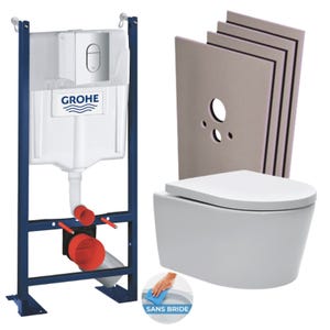 Grohe Pack WC bâti autoportant + WC sans bride SAT + Abattant softclose + Plaque chrome + Set habillage