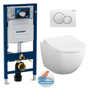 Pack WC Bati-support Geberit + WC Vitra Sento fixations invisibles + Abattant softclose + Plaque blanche (GebSento-B)