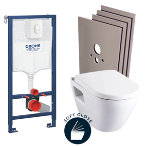 Grohe Pack WC Bâti-support Rapid SL + WC Serel SM10 + abattant softclose + Plaque blanc alpin + Set d'habillage