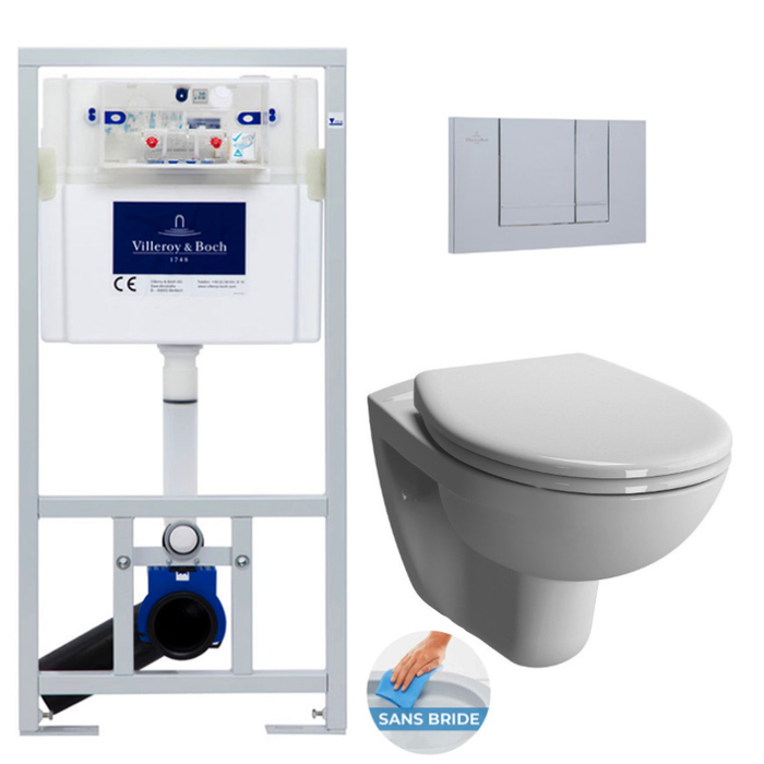 Villeroy & Boch Pack WC Bâti-support Viconnect Pro + WC sans bride Vitra Normus + Abattant softclose + Plaque chrome mat (NormusRimlessGeb3)