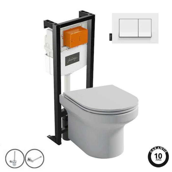 Pack WC suspendu sans bride JACOB DELAFON Elite + bâti-support + plaque Blanc brillant + accessoires