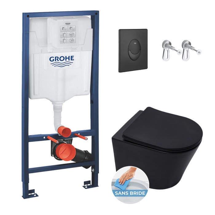 Grohe Pack WC Bâti-support Rapid SL + WC Infinitio sans bride noir mat + Abattant softclose + Plaque noire mat