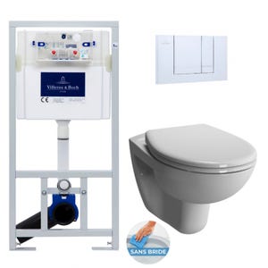 Villeroy & Boch Pack WC Bâti-support Viconnect + WC sans bride Vitra Normus + Abattant softclose + Plaque chrome (ViConnectNormusRimless-1)