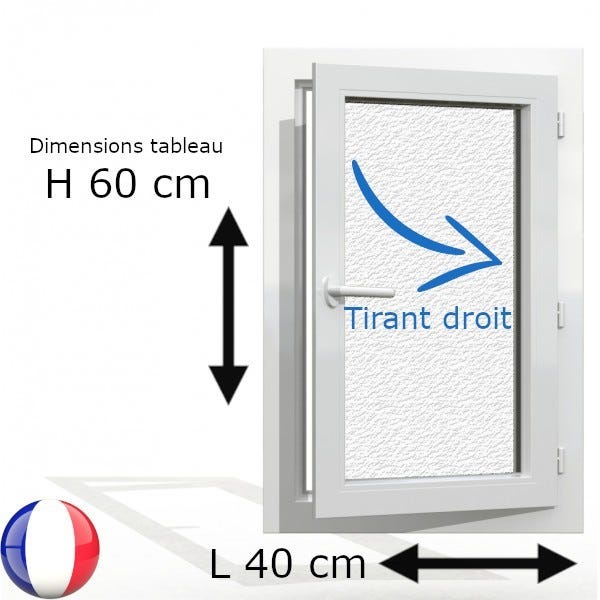 Fenêtre PVC 1 vantail H 60 x L 40 cm OF avec poignée verre brouillé tirant droit