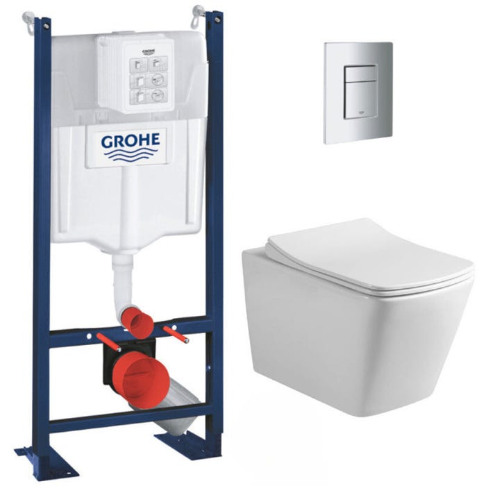 Grohe Pack WC Bâti autoportant + WC sans bride SAT Infinitio Design + Abattant softclose + Plaque chrome