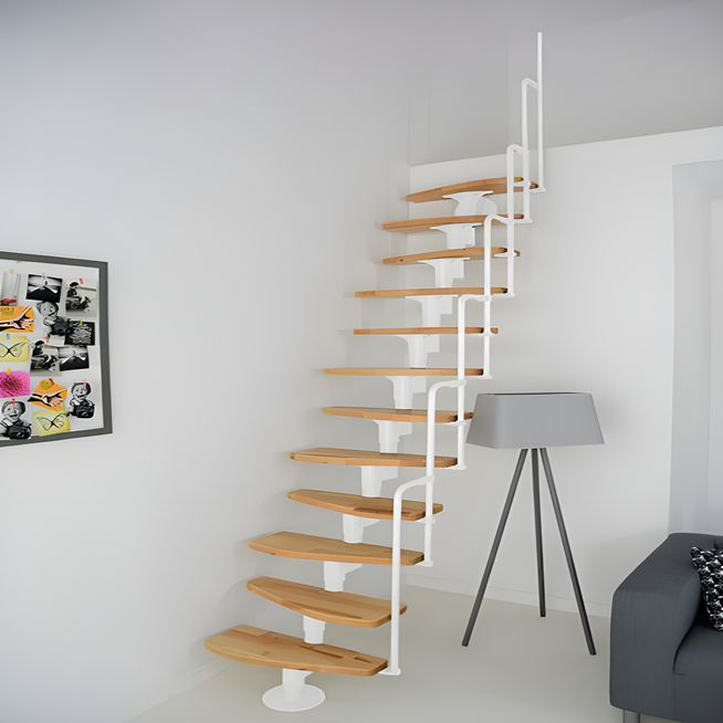 Escalier polyvalent gain de place "MONACO" - Métal blanc avec marches en hêtre - Largeur 64cm - Hauteur maximum 316cm