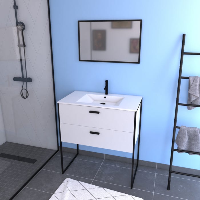 Ensemble meuble de salle de bain - Blanc avec pieds style industriel - 2 tiroirs - vasque blanche
