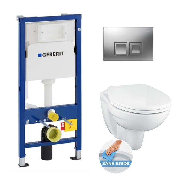 Pack WC bati support Geberit DuofixBasic + WC suspenduPorcher sans bride + plaque DELTA50 chrome mat (PorcherGeb2)