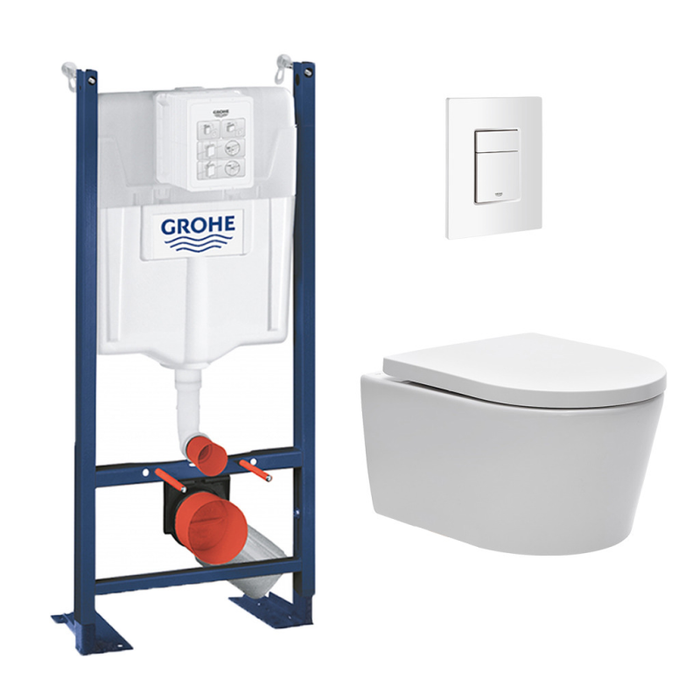 Grohe Pack WC Bâti autoportant avec Cuvette Swiss Aqua Technologies sans bride + Plaque blanche (ProjectSATrimless-4)
