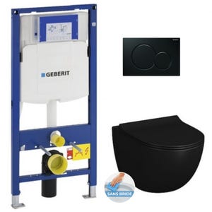 Geberit Pack WC Bâti-support + Cuvette Vitra SENTO noire sans bride fixations invisibles + Abattant + Plaque noire (GebBlackSento-A)