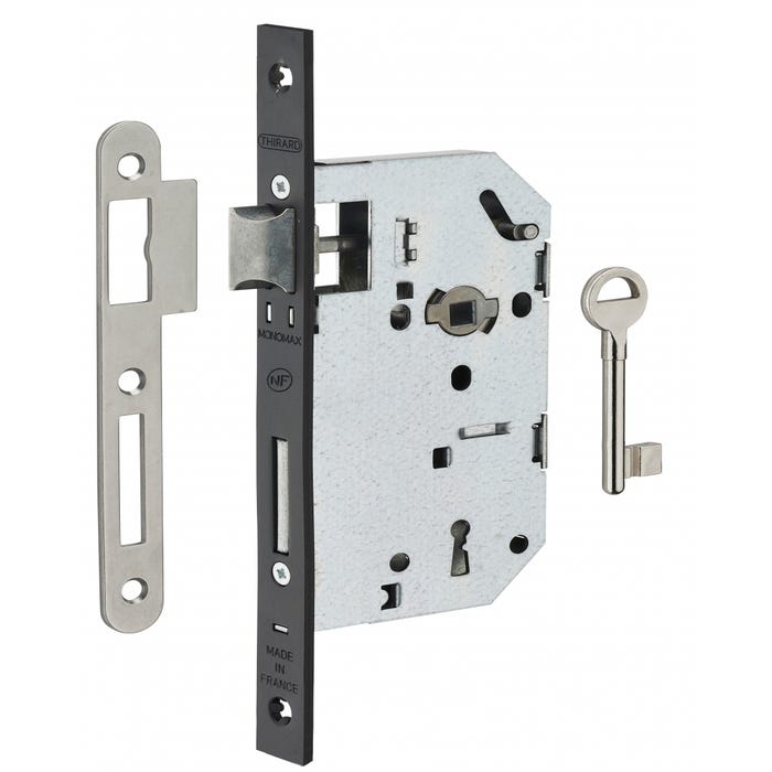 THIRARD - Serrure encastrable Monomax NF à clé pour porte de chambre, axe 50mm, bouts carrés, têtière noire, 1 clé
