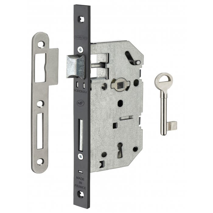 THIRARD - Serrure encastrable Monomax NF à clé pour porte de chambre, axe 40mm, bouts carrés, têtière noire, 1 clé