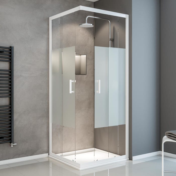 Schulte paroi de douche acces d'angle droit avec portes de douche coulissantes, 90 x 90 x 190 cm, 5 mm, verre sablé au milieu, profilé blanc, Sunny