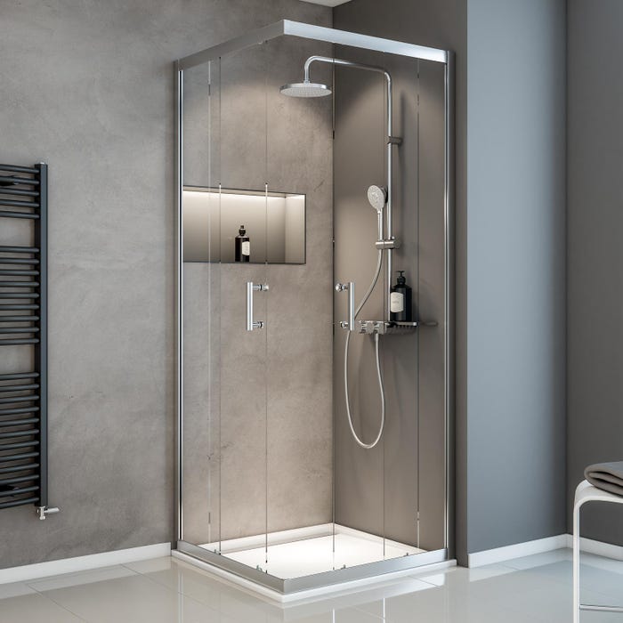 Schulte paroi de douche acces d'angle droit avec portes de douche coulissantes, 80 x 80 x 190 cm, 5 mm, verre transparent, aspect chromé, Sunny