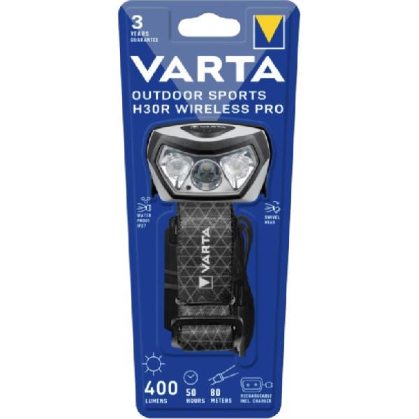 Frontale-VARTA-Outdoor Sports H30R Wireless Pro-400lm-Rechargeable-IPX7-3 modes lumineux-2 couleurs-Station de charge incluse