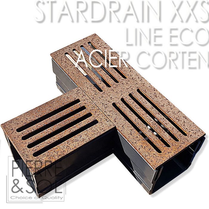 Caniveau XXS MINI L 6,5 cm Grille acier Corten - StarDrain - LINE ECO - Pièce en T