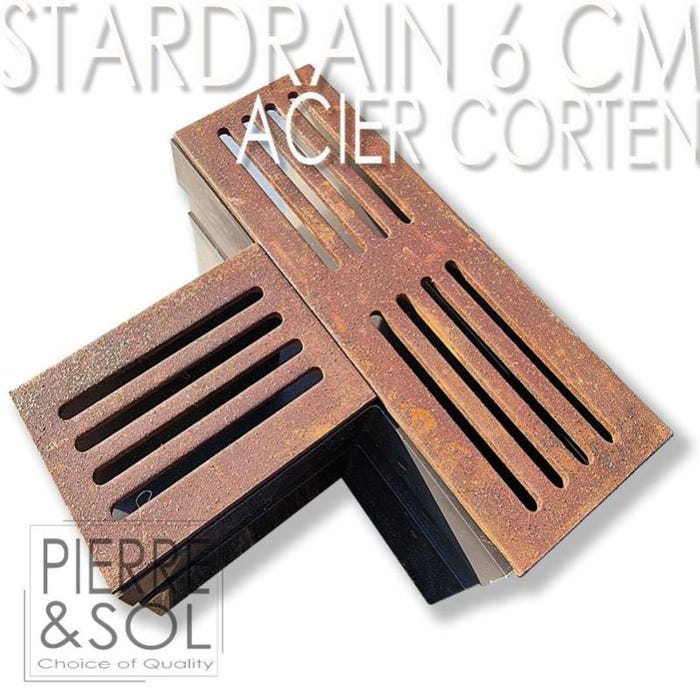 Caniveau étroit 6,5 cm Grille acier corten - StarDrain LINE ECO - Pièce en T