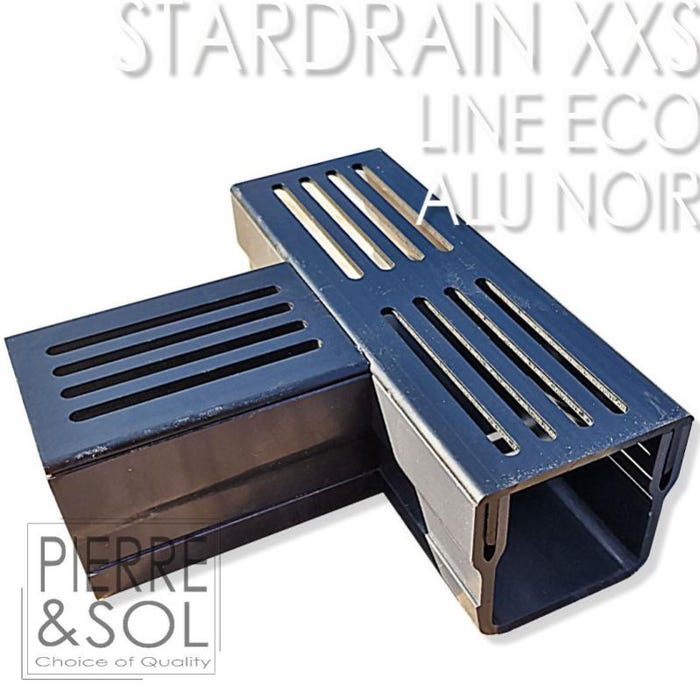 Caniveau XXS MINI L 6,5 cm Grille aluminium NOIR - StarDrain - LINE ECO - Pièce en T