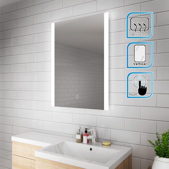 SIRHONA LED miroir de salle de bains mural 80x60cm, illumination touche tactile et anti-buée Haute Qualité IP44 Imperméable à l'eau