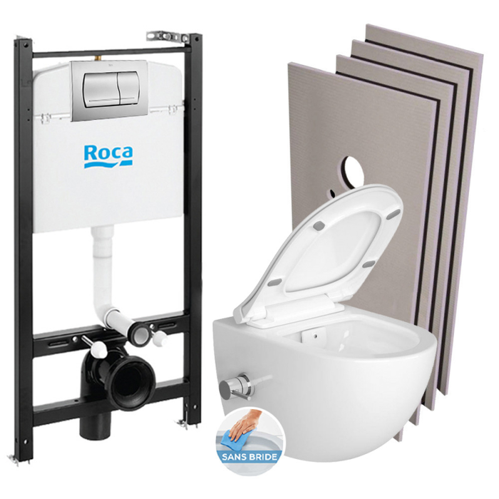 Roca Pack Bâti-support Roca Active + WC sans bride avec fonction bidet et fixations invisibles + plaque chrome mat + Set d'habillage