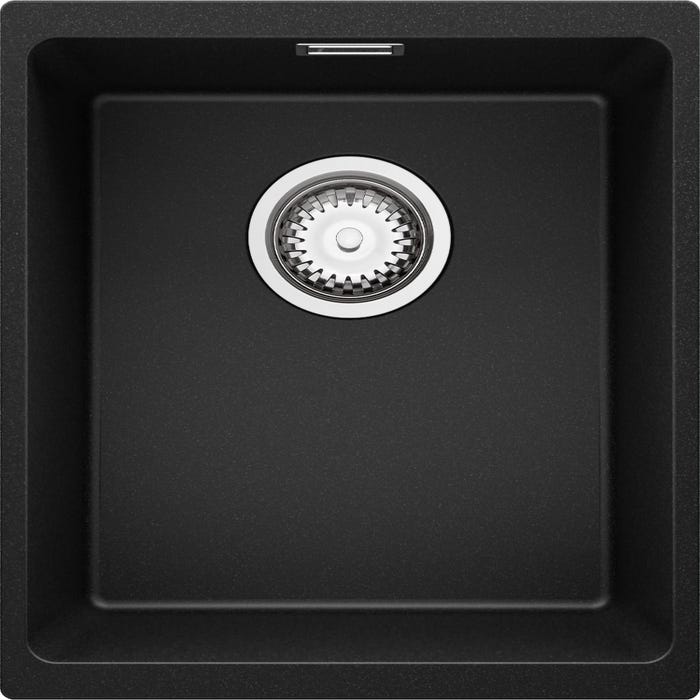 Evier Cuisine en Granit Noir, 36 x 47 cm, Lavabo 1 bac + Kit de Vidage, Évier à Encastrer London 40 Slim de Primagran