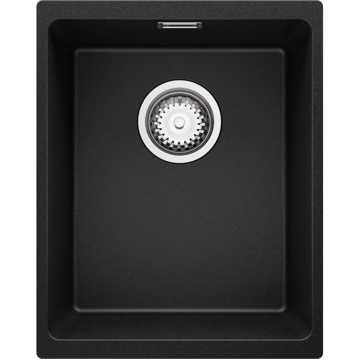 Evier Cuisine en Granit Noir, 36 x 47 cm, Lavabo 1 bac + Kit de Vidage, Évier à Encastrer London 40 Slim de Primagran