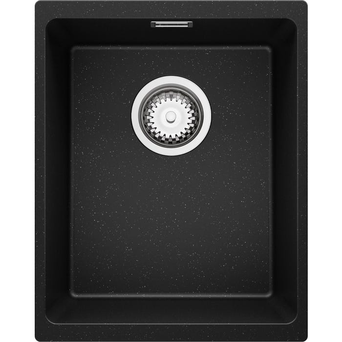 Evier Cuisine en Granit Noir Metallic, 36 x 47 cm, Lavabo 1 bac + Kit de Vidage, Évier à Encastrer London 40 Slim de Primagran
